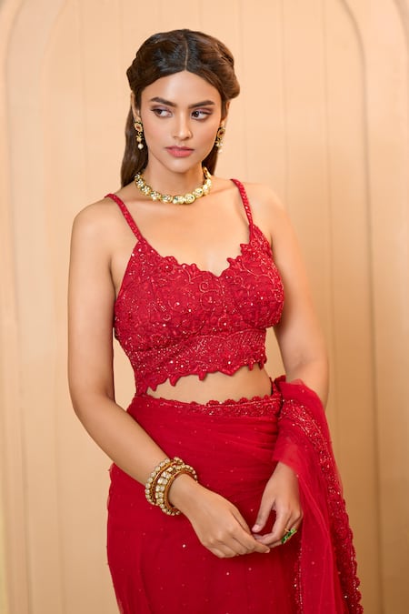 Aariyana Couture_Red Modal, Satin, Silk Sequins, Embroidery V-neck Saree With Blouse_at_Aza_Fashions