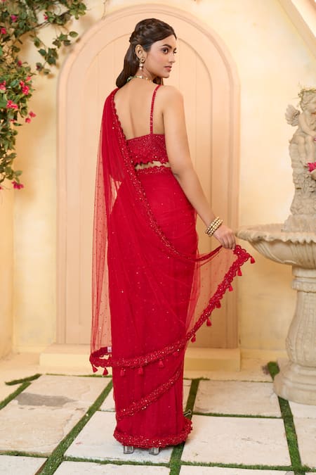 Shop_Aariyana Couture_Red Modal, Satin, Silk Sequins, Embroidery V-neck Saree With Blouse_Online_at_Aza_Fashions