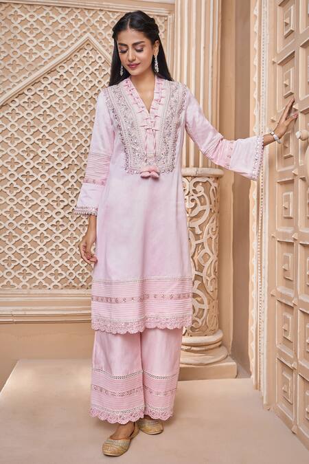 Shop Aariyana Couture Pink Chanderi, Viscose Tassels, Embroidery V-neck Kurta Pant Set Online at Aza Fashions Shop_Aariyana Couture_Pink Chanderi, Viscose Tassels, Embroidery V-neck Kurta Pant Set_Online_at_Aza_Fashions