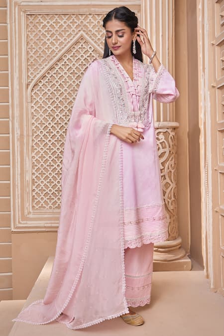 Buy Aariyana Couture Pink Chanderi, Viscose Tassels, Embroidery V-neck Kurta Pant Set Online at Aza Fashions Buy_Aariyana Couture_Pink Chanderi, Viscose Tassels, Embroidery V-neck Kurta Pant Set_Online_at_Aza_Fashions
