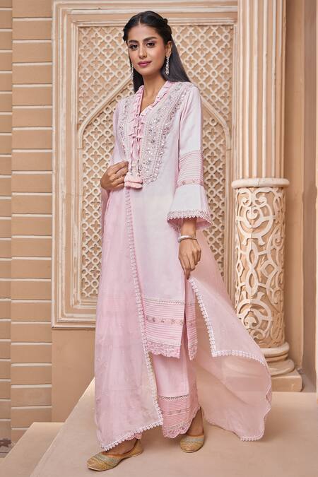 Aariyana Couture Pink Chanderi, Viscose Tassels, Embroidery V-neck Kurta Pant Set Online at Aza Fashions Aariyana Couture_Pink Chanderi, Viscose Tassels, Embroidery V-neck Kurta Pant Set_Online_at_Aza_Fashions