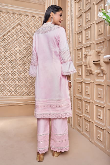 Shop Aariyana Couture Pink Chanderi, Viscose Tassels, Embroidery V-neck Kurta Pant Set at Aza Fashions Shop_Aariyana Couture_Pink Chanderi, Viscose Tassels, Embroidery V-neck Kurta Pant Set_at_Aza_Fashions