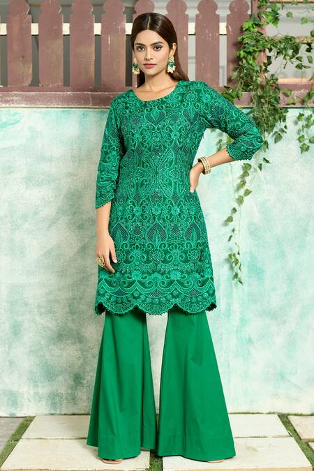 Buy_Aariyana Couture_Green Silk Organza, Satin, Cut Work, Sequins, Kurta And Sharara Set_Online_at_Aza_Fashions