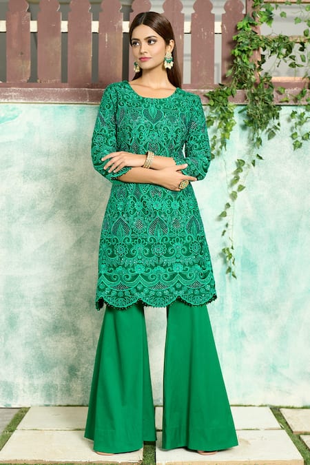 Aariyana Couture_Green Silk Organza, Satin, Cut Work, Sequins, Kurta And Sharara Set_Online_at_Aza_Fashions