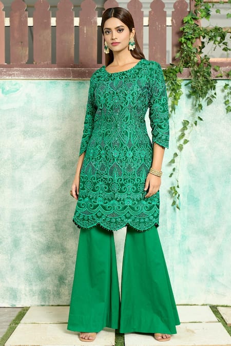 Shop_Aariyana Couture_Green Silk Organza, Satin, Cut Work, Sequins, Kurta And Sharara Set_Online_at_Aza_Fashions