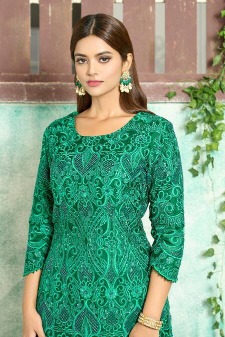 Aariyana Couture_Green Silk Organza, Satin, Cut Work, Sequins, Kurta And Sharara Set_at_Aza_Fashions