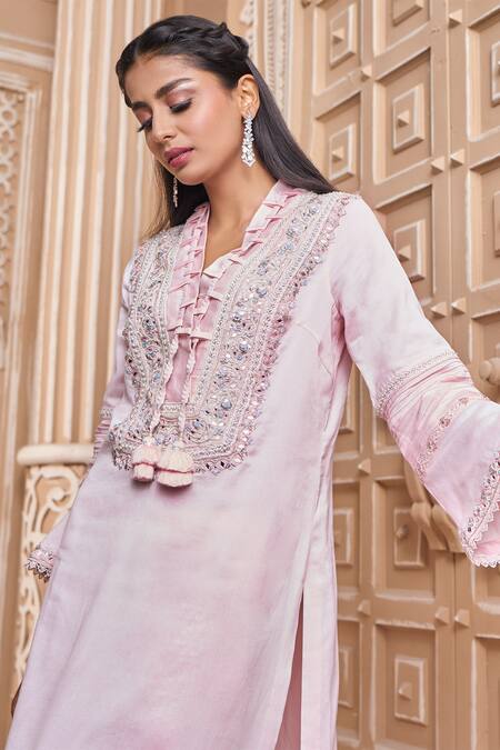 Aariyana Couture Pink Chanderi, Viscose Tassels, Embroidery V-neck Kurta Pant Set at Aza Fashions Aariyana Couture_Pink Chanderi, Viscose Tassels, Embroidery V-neck Kurta Pant Set_at_Aza_Fashions