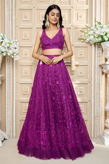 Shop_Aariyana Couture_Purple Net Embroidery, Tassels V-neck Floral Lehenga Set_Online_at_Aza_Fashions