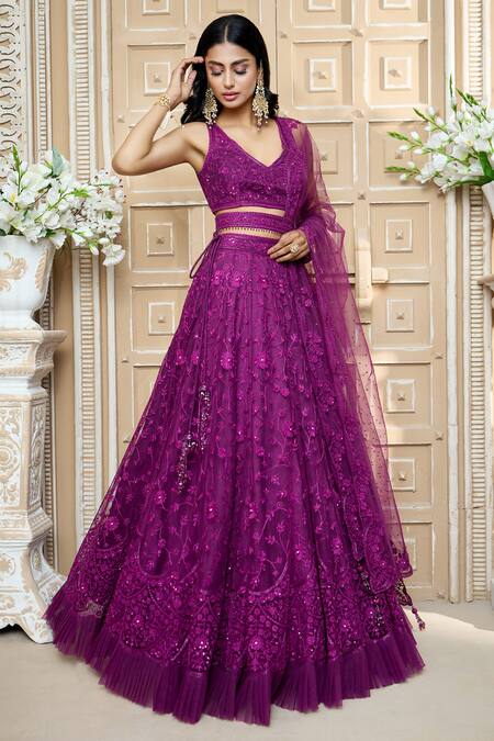 Aariyana Couture_Purple Net Embroidery, Tassels V-neck Floral Lehenga Set_Online_at_Aza_Fashions
