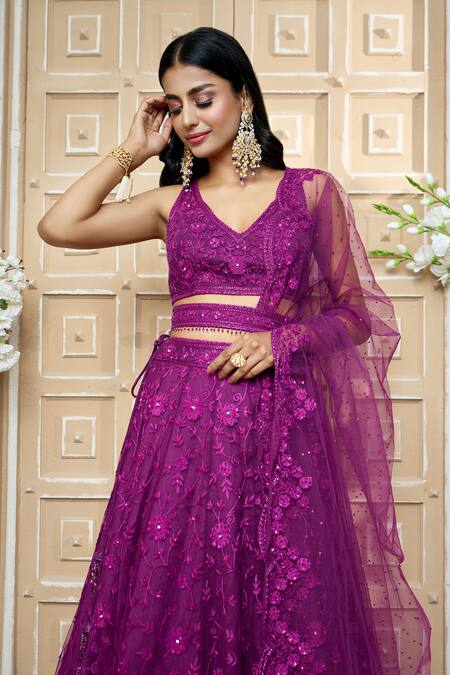 Aariyana Couture_Purple Net Embroidery, Tassels V-neck Floral Lehenga Set_at_Aza_Fashions