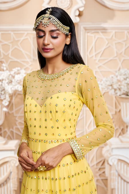 Ariyana By Aza_Yellow Modal, Satin, Net, Chiffon Sequins, Embroidery Geometric Anarkali Set _at_Aza_Fashions