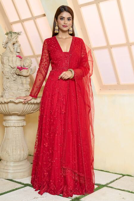 Buy_Aariyana Couture_Red Modal, Satin, Net, Chiffon Embroidery, Sequins, Beads V-neck Anarkali Set_Online_at_Aza_Fashions