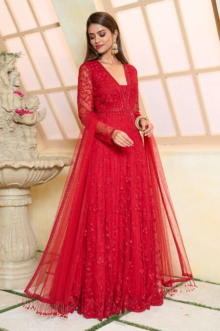 Shop_Aariyana Couture_Red Modal, Satin, Net, Chiffon Embroidery, Sequins, Beads V-neck Anarkali Set_Online_at_Aza_Fashions