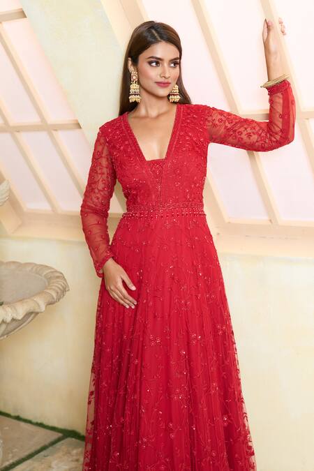 Aariyana Couture_Red Modal, Satin, Net, Chiffon Embroidery, Sequins, Beads V-neck Anarkali Set_at_Aza_Fashions