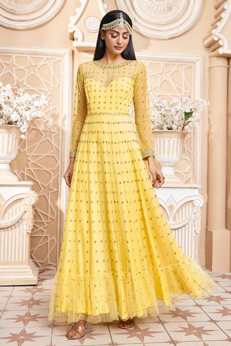 Shop_Ariyana By Aza_Yellow Modal, Satin, Net, Chiffon Sequins, Embroidery Geometric Anarkali Set _Online_at_Aza_Fashions