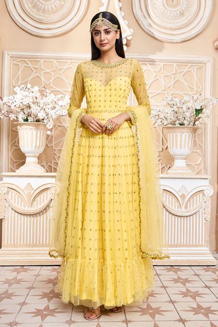 Ariyana By Aza_Yellow Modal, Satin, Net, Chiffon Sequins, Embroidery Geometric Anarkali Set _Online_at_Aza_Fashions