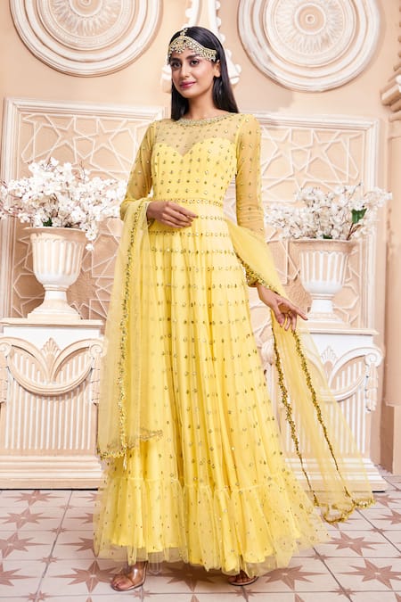 Yellow Georgette Printed Anarkali Set Design by Mahima Mahajan at Pernia's  Pop Up Shop 2024