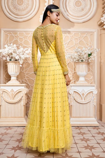 Shop_Ariyana By Aza_Yellow Modal, Satin, Net, Chiffon Sequins, Embroidery Geometric Anarkali Set _at_Aza_Fashions
