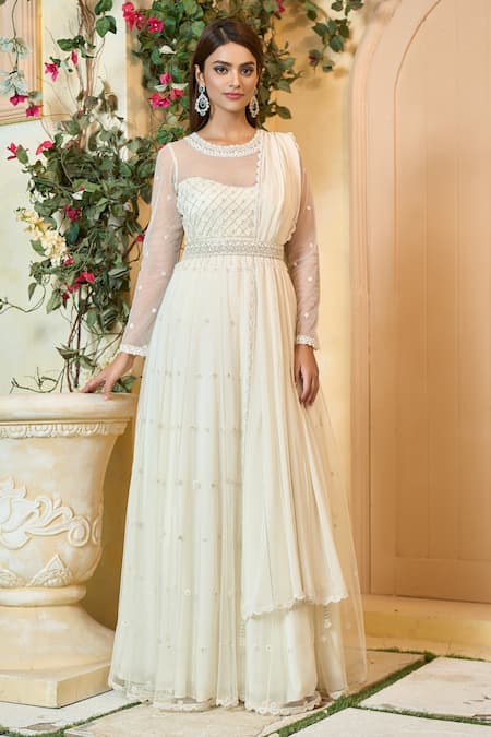 Aariyana Couture_Off White Modal, Georgette, Satin, Viscose Beads, Cut Embroidered Anarkali Set_Online_at_Aza_Fashions