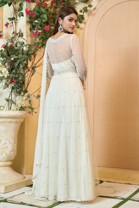 Shop_Aariyana Couture_Off White Modal, Georgette, Satin, Viscose Beads, Cut Embroidered Anarkali Set_at_Aza_Fashions