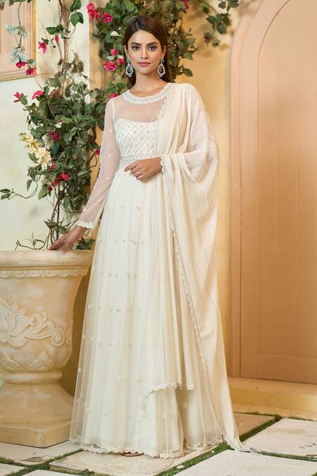 Buy_Aariyana Couture_Off White Modal, Georgette, Satin, Viscose Beads, Cut Embroidered Anarkali Set_Online_at_Aza_Fashions