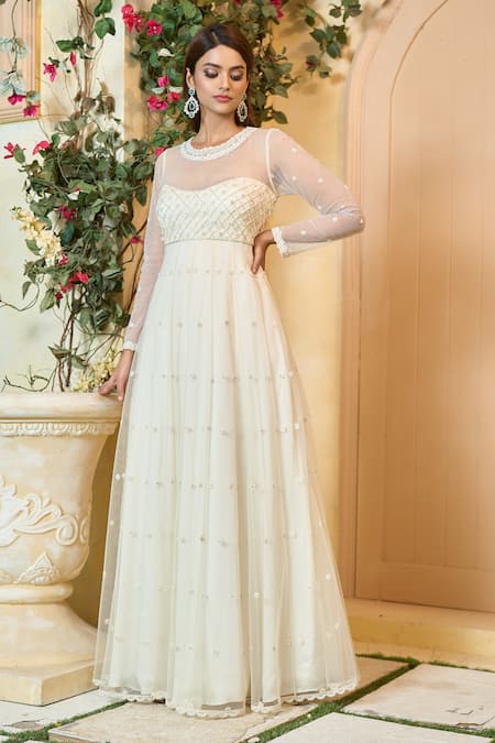 Shop_Aariyana Couture_Off White Modal, Georgette, Satin, Viscose Beads, Cut Embroidered Anarkali Set_Online_at_Aza_Fashions