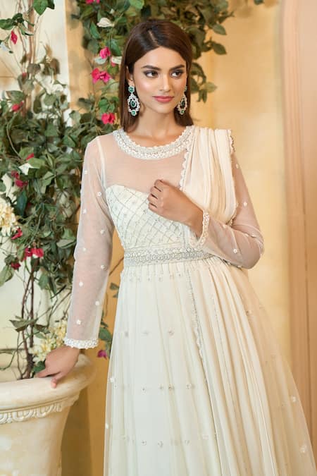 Aariyana Couture_Off White Modal, Georgette, Satin, Viscose Beads, Cut Embroidered Anarkali Set_at_Aza_Fashions