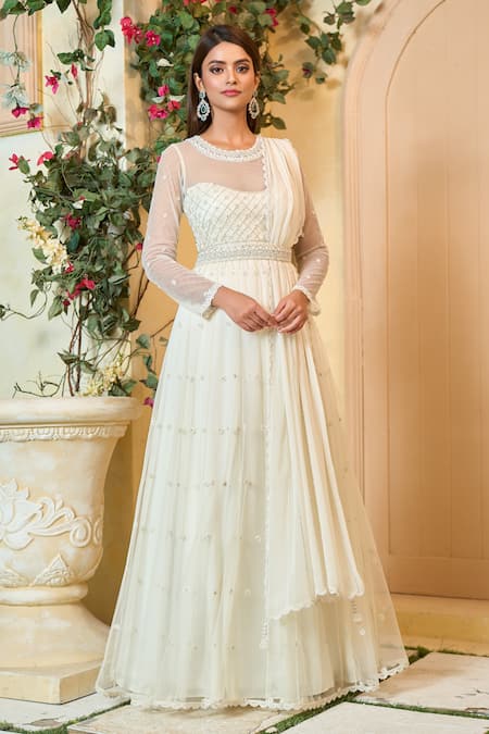 Buy Off White Barfi Anarkali With Embroidered Dupatta by Designer Preevin  Online at Ogaan.com