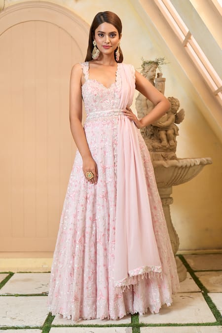 Aariyana Couture_Pink Viscose, Cotton, Silk, Chiffon Beads, Sequins, Embroidery Anarkali Set_Online_at_Aza_Fashions