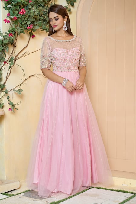 Aariyana Couture_Pink Cotton, Net, Silk Pearls, Sequins Round Neck Embroidered Anarkali Set_Online_at_Aza_Fashions