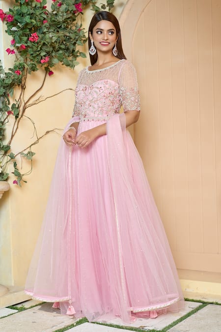 Buy_Aariyana Couture_Pink Cotton, Net, Silk Pearls, Sequins Round Neck Embroidered Anarkali Set_Online_at_Aza_Fashions
