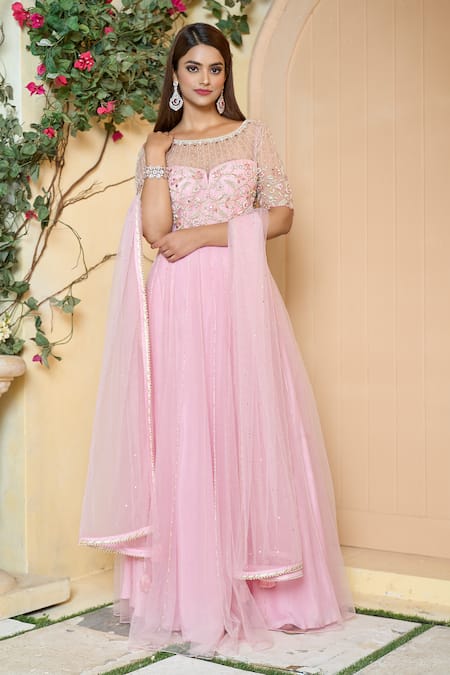 Shop_Aariyana Couture_Pink Cotton, Net, Silk Pearls, Sequins Round Neck Embroidered Anarkali Set_Online_at_Aza_Fashions