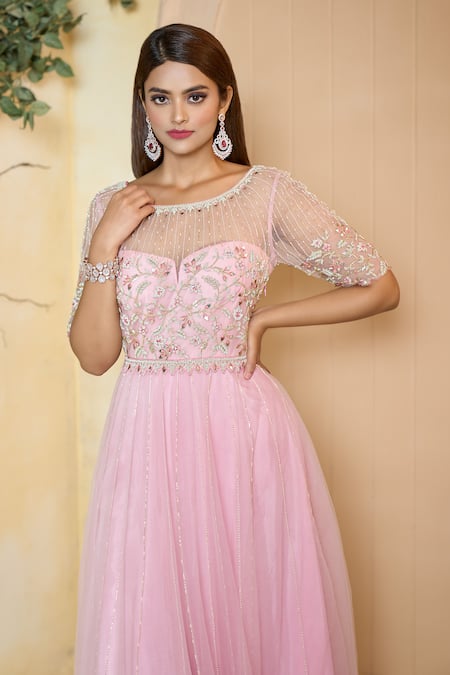Aariyana Couture_Pink Cotton, Net, Silk Pearls, Sequins Round Neck Embroidered Anarkali Set_at_Aza_Fashions