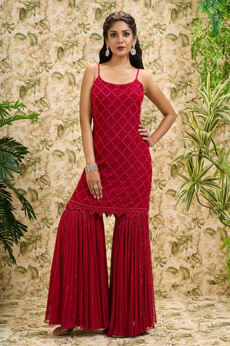 Shop_Ariyana By Aza_Red Viscose, Georgette, Net Sequins Scoop Neck Checkered Kurta Sharara Set 