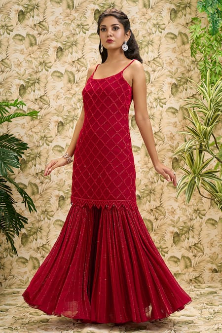 Ariyana By Aza_Red Viscose, Georgette, Net Sequins Scoop Neck Checkered Kurta Sharara Set _Online_at_Aza_Fashions