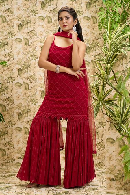 Buy_Ariyana By Aza_Red Viscose, Georgette, Net Sequins Scoop Neck Checkered Kurta Sharara Set _Online_at_Aza_Fashions