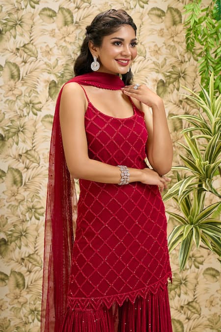 Ariyana By Aza_Red Viscose, Georgette, Net Sequins Scoop Neck Checkered Kurta Sharara Set _at_Aza_Fashions