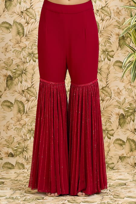 Buy_Ariyana By Aza_Red Viscose, Georgette, Net Sequins Scoop Neck Checkered Kurta Sharara Set 