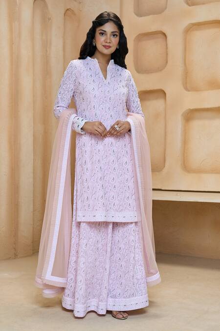 Aariyana Couture Pink Georgette, Net Pearls, Embroidery Floral And Paisley Kurta Sharara Set Online at Aza Fashions Aariyana Couture_Pink Georgette, Net Pearls, Embroidery Floral And Paisley Kurta Sharara Set_Online_at_Aza_Fashions