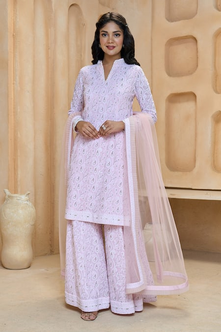 Buy Aariyana Couture Pink Georgette, Net Pearls, Embroidery Floral And Paisley Kurta Sharara Set Online at Aza Fashions Buy_Aariyana Couture_Pink Georgette, Net Pearls, Embroidery Floral And Paisley Kurta Sharara Set_Online_at_Aza_Fashions