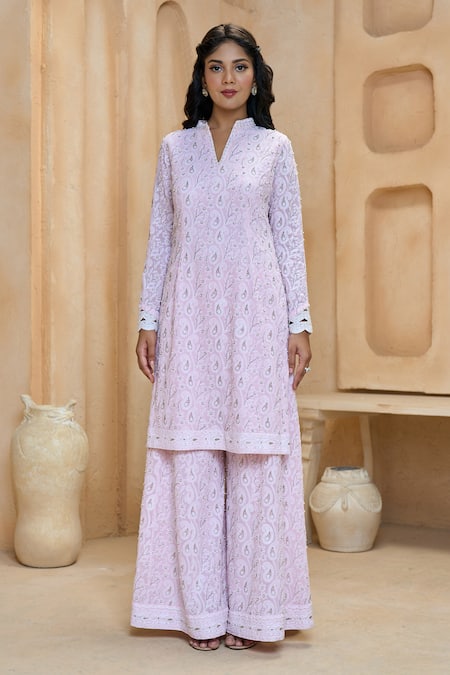 Aariyana Couture Pink Georgette, Net Pearls, Embroidery Floral And Paisley Kurta Sharara Set at Aza Fashions Aariyana Couture_Pink Georgette, Net Pearls, Embroidery Floral And Paisley Kurta Sharara Set_at_Aza_Fashions