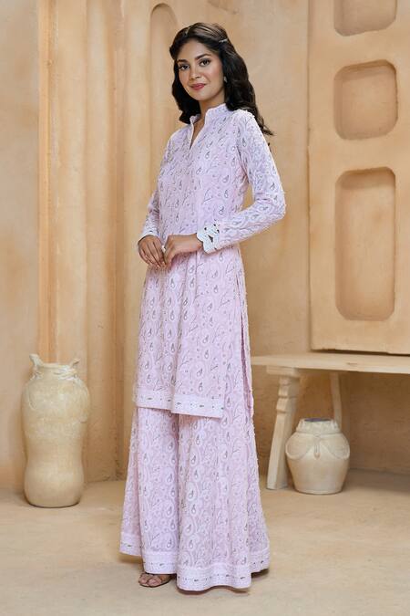 Buy Aariyana Couture Pink Georgette, Net Pearls, Embroidery Floral And Paisley Kurta Sharara Set Buy_Aariyana Couture_Pink Georgette, Net Pearls, Embroidery Floral And Paisley Kurta Sharara Set