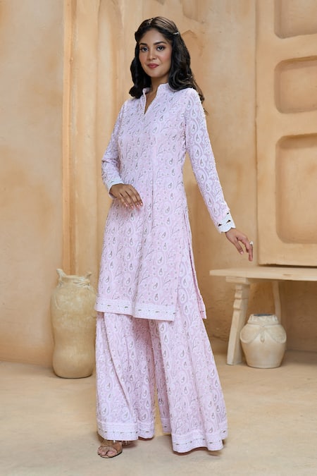 Shop Aariyana Couture Pink Georgette, Net Pearls, Embroidery Floral And Paisley Kurta Sharara Set Shop_Aariyana Couture_Pink Georgette, Net Pearls, Embroidery Floral And Paisley Kurta Sharara Set