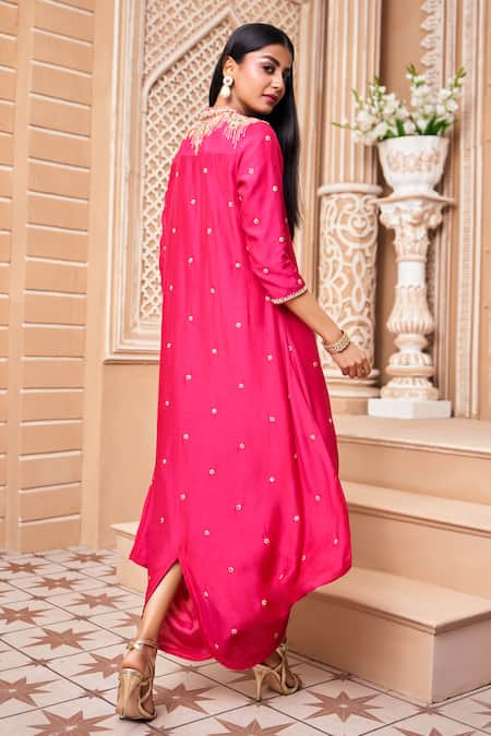 Aariyana Couture_Pink Cotton, Silk Embroidery Mandarin Collar Cowl Draped Tunic Dress _at_Aza_Fashions