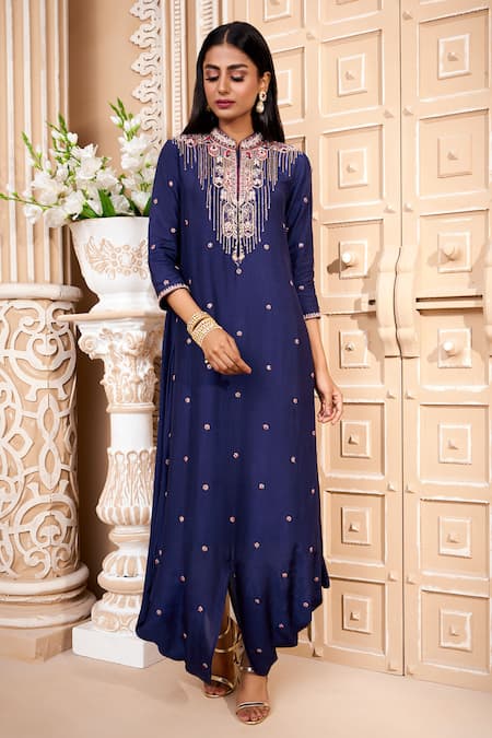 Buy_Aariyana Couture_Pink Cotton, Silk Embroidery Mandarin Collar Cowl Draped Tunic Dress_Online_at_Aza_Fashions