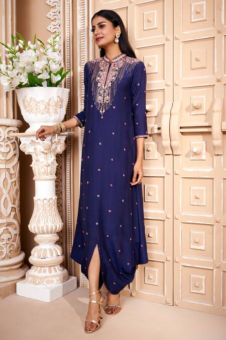 Aariyana Couture_Pink Cotton, Silk Embroidery Mandarin Collar Cowl Draped Tunic Dress_Online_at_Aza_Fashions