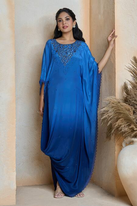 Aariyana Couture_Blue Crepe Sequins Round Neck Geometric Embroidered Draped Tunic_Online_at_Aza_Fashions