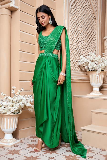 Shop_Aariyana Couture_Green Modal, Satin, Silk Embroidery Scoop Neck Draped Saree With Cutwork Blouse_Online_at_Aza_Fashions