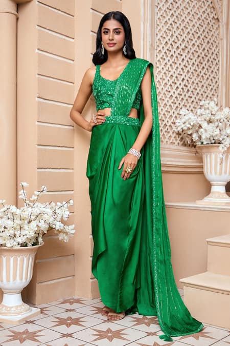 Buy_Aariyana Couture_Green Modal, Satin, Silk Embroidery Scoop Neck Draped Saree With Cutwork Blouse_Online_at_Aza_Fashions
