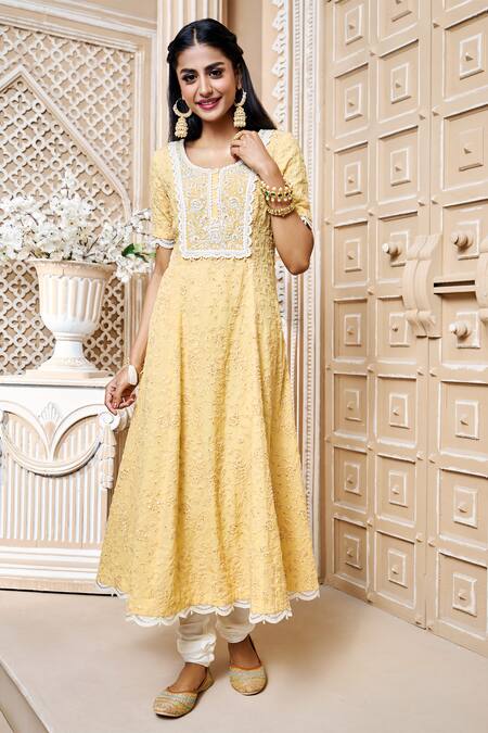 Buy_Aariyana Couture_Yellow Modal, Satin, Chiffon Embroidery, Tassels Round Neck Jaal Kurta Set_Online_at_Aza_Fashions